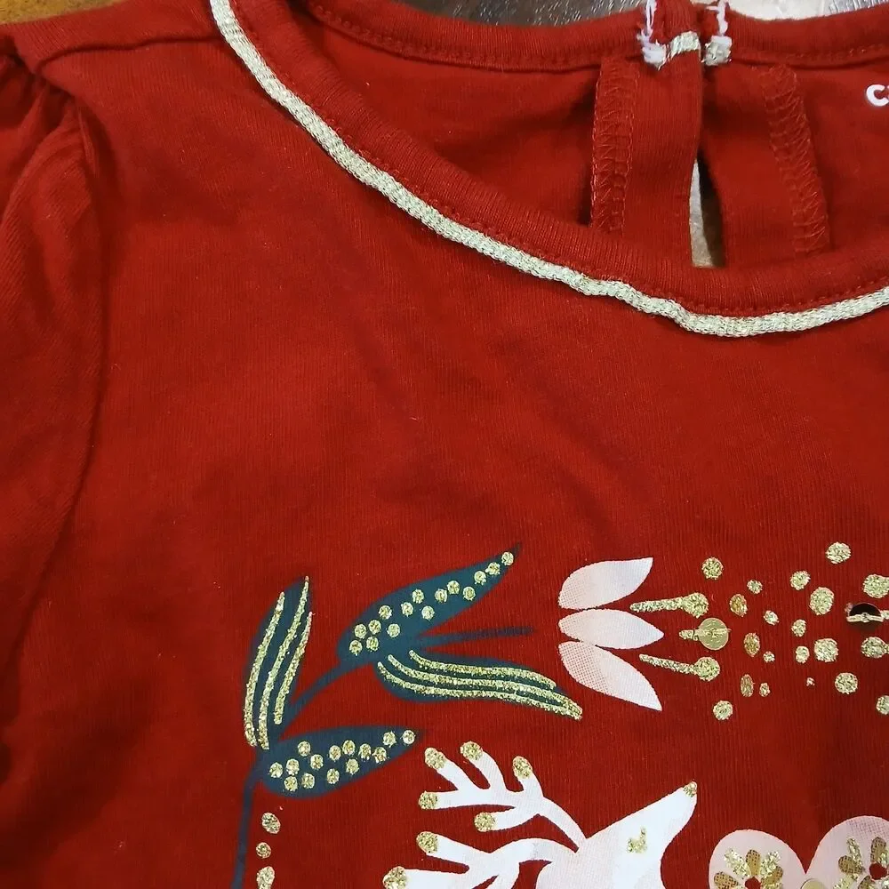 GIRLS CARTER'S 5 DARK RED L/S REINDEER HOLIDAY HEART FLORAL GOLD GLITTER TOP
